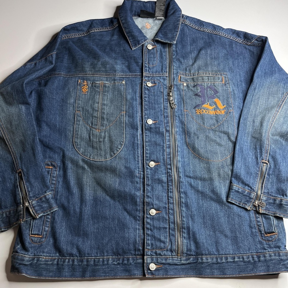 Rocawear Jacket Mens 2XL Blue Denim Bomber Full Zip Logo Hip Hop Style